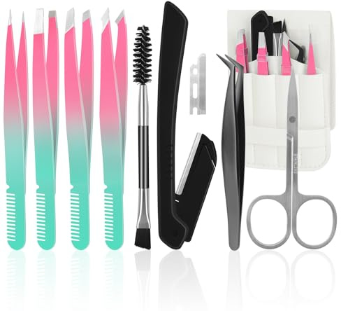 BELICOO Pinzette Set 11 Stück, Edelstahl Pinzette Augenbrauen zupfen mit Reiseetui, Schere, Pinsel & Rasierer