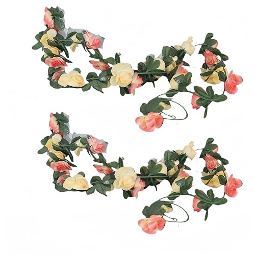 2-Pack Artificial Rose Garland 8.2ft – Silk Hanging Flower Vines for Indoor & Outdoor Wedding, Bedroom, Wall, and Party Decorations(Light Yellow and Orange)