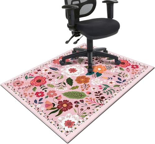 Office Chair Mat for Hardwood & Tile Floor,Boho Floral 36x48 Computer Chair Mat for Rolling Chairs Carpet,Under Desk Non Slip Gaming Rug,Low-Pile Rubber Backing Large Protector Mat(Pink)