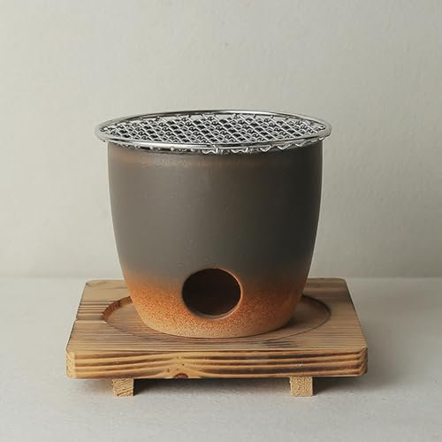 GMBAYUE Ton Holzkohleofen, Tragbarer Grillofen, Kleiner BBQ-Grill, Mini Holzkohlegrill mit Holzunterlage, Grillrost und Metallgitter, Separates Design, für Den Innen- Und Außenbereich Geeignet(Gray)
