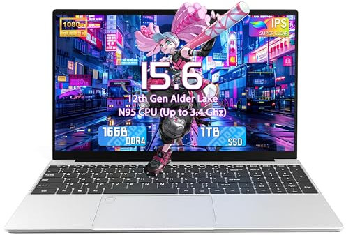 15,6 Silber FHD Laptop, Intel N95 (bis zu 3,4 GHz), 16GB DDR4 RAM, 1TB NVMe SSD, Win 11 Pro, Hintergrundbeleuchtete Tastatur, Fingerabdrucksensor, Dualband-WiFi, Inklusive Tastaturfolie (16+1T)