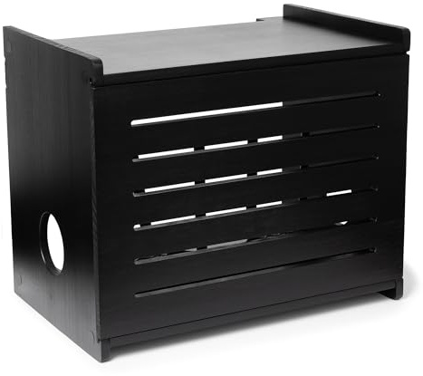 Wooden WiFi Router Storage Box - Deluxe Wall Mountable Decorative Modem Shelf Hider Cover with Cable Management System - Rustic Home Organization Solution for Most Routers Up to 11 Tall - Black