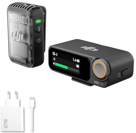 DJI Mic 2 (1 Sender + 1 Empfänger), kabelloses Mikrofon mit intelligenter Rauschunterdrückung, interne 32-Bit-Float-Aufnahme, optimierter Sound, 250 m Reichweite, mit 67W Ladegerät