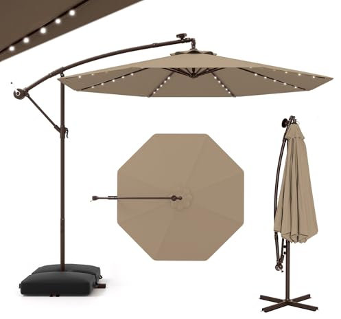 GOPLUS Parasol de Jardin Extérieur avec Pied, 3x3M Parasol Déporté Inclinable, avec 8 Baleines 32 Lampes Solaires, Grand Parasol pour Terrasse Plage Cour (Café)