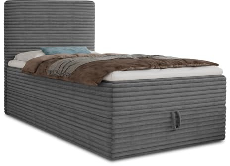 Boxspringbett Mollo Mini mit Bettkasten und Matratzentopper - Einzelbett mit Bonell-Matratze und Topper, Polsterbett in weichem Cordstoff, Bett, Schlafzimmer (Graphit (Tilia 90), 120 x 200 cm)