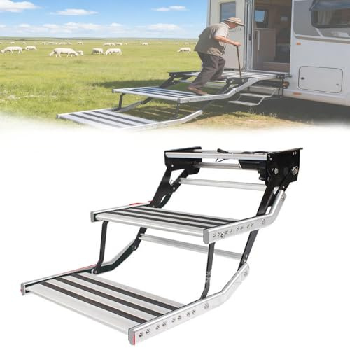 BEESOM Klappbare Wohnmobil Treppe,Elektrische Wohnmobiltreppe,Tragfähig Bis 200 kg,rutschfest Mit LED Lichtleiste, Für Wohnwagen,Wohnmobil,Reisemobil Manual-doublelayer