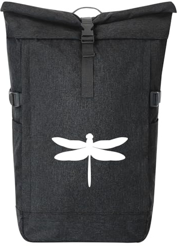 Huuraa Kurierrucksack Libelle Silhouette Geschenk | 30-44 Liter Backpack Black Melange Fairtrade Rolltop Rucksack Geschenkidee Schwarzer Laptop-Rucksack passend für 17-Zoll