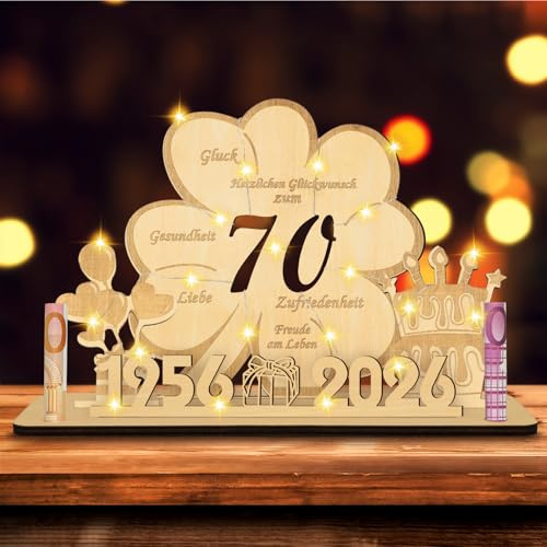 GothicBride 70 Geburtstag Frau Mann, 2026 Kleeblatt Glück Holzschild | Geldgeschenk 70. Geburtstag, Holz Gästebuch Geburtstag Deko (70)
