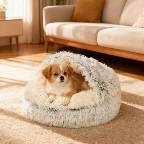 SHJOEE Grau 50cm Katzenbett Flauschig Katzendeckett, Weiches Plüsch, Höhle mit Kapuze, 2-in-1 Hundebett Rund Hundekissen Hundesofa Haustierbett für Katzen und kleine mittelgroße Hunde