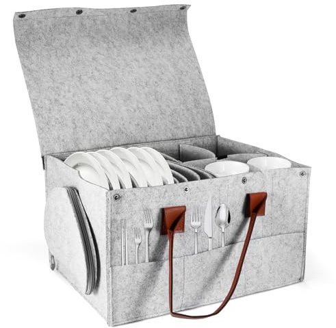 Porte-gobelet en feutre avec poignées, séparateur amovible et couvercle pour camping-car, table de camping (gris clair)