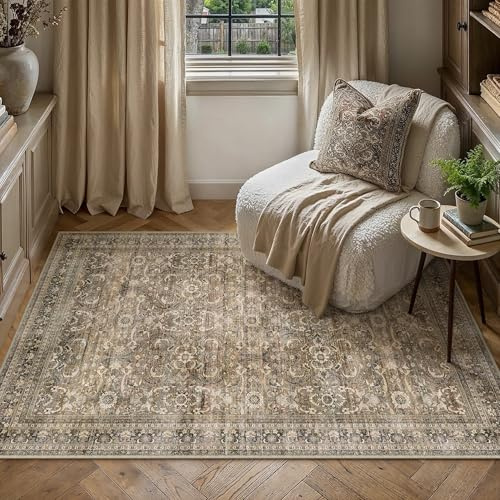 PureCozy Braun Teppich Wohnzimmer 140x200cm Waschbarer Vintage Tepich | Kurzflor Rutschfest,Weich Boho Retro Carpet,Leicht,Schlafzimmer,Esszimmer,Kinderzimmer,Büro