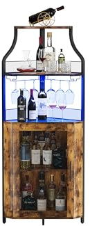 Thaookte Eck-Weinschrank - Industrieller Eck-Hausbar Abschließbar | 5-Fach abschließbares Weinregal mit Glasablage & LED-Beleuchtung. Industrielles Design aus Holz & Metall. Perfekt für