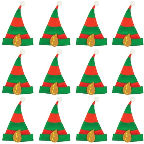 12x Weihnachten Erwachsene Rot & Grün Elfen Hut Weihnachten Party Kostüm