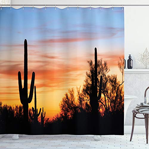 ABAKUHAUS Western Duschvorhang, Wüsten-Kaktus Wild West, Stoffliches Gewebe Badezimmerdekorationsset mit Haken, 175 x 200 cm, Orange und Schwarz