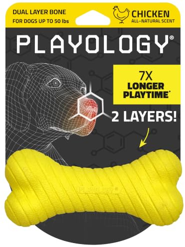 Playology Kauspielzeug für Hunde, zweilagig, Knochen, mittelgroß, Hühnerduft