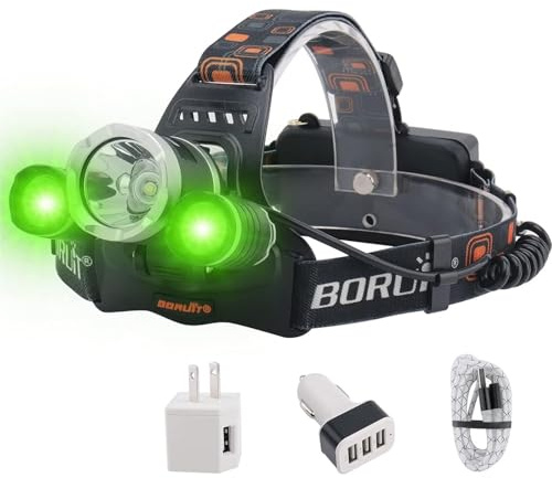 BORUIT Linterna frontal LED - Ultra brillante 5000 lúmenes 3 modos de iluminación Blanco verde IPX4 Luz Linterna frontal a prueba de agua Faros frontales USB recargables para adultos Pesca al aire