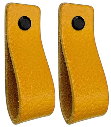 Brute Strength - Poignées en cuir pour meubles - Ocre jaune - 2 pcs - 16,5 x 2,5 cm - Poignée de meuble, Poignée de porte pour cuisine, salle de bain, armoires, commode, bois