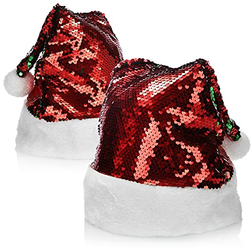 com-four® 2x Weihnachtsmütze mit Wendepailletten - rot-grüne X-Mas-Mütze - Nikolausmütze mit Bommel - glänzende Mütze mit Plüschrand für Nikolaus und Weihnachten (02 Stück - Wendepailletten)