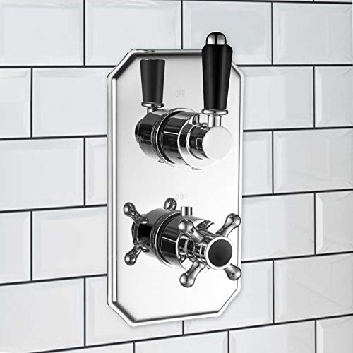 ENKI, Regent, TSV032, Black Chrome Twin Concealed Thermostatic Mixer Tap Shower Outle Valve for Bathrooms, Traditional Victorian Style