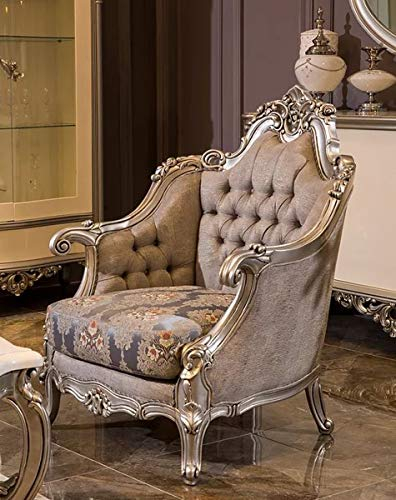 Casa Padrino Luxus Barock Sessel Grau/Blau/Silber 94 x 85 x H. 116 cm - Prunkvoller Wohnzimmer Sessel mit Blumenmuster - Barock Wohnzimmer Möbel