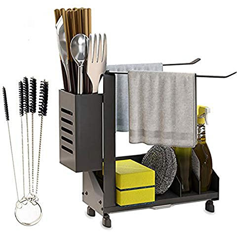 ConBlom Spülbecken Organizer, 304 Edelstahl Wand Spülbeckenregal Halter mit Auffangschale und Lappenhalter, Caddy Ordnungshelfer für die Spüle Küche, Schwarz(20x8.5x24cm)
