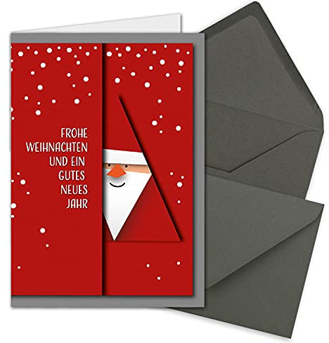 NEUSER PAPIER 20x Weihnachtskarten-Set DIN A6 mit rotem Weihnachtsmann Motiv - Faltkarten mit Umschlägen DIN C6 in Anthrazit (Grau) mit Nassklebung - Weihnachtsgrüße für Firmen und Privat