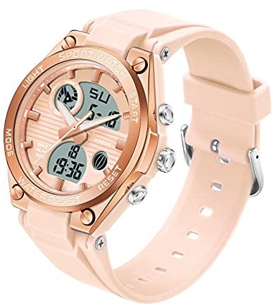 Montre de sport numérique pour femme avec double heure, date, rétro-éclairage, semaine, alarme, chronomètre, rose, Sangle