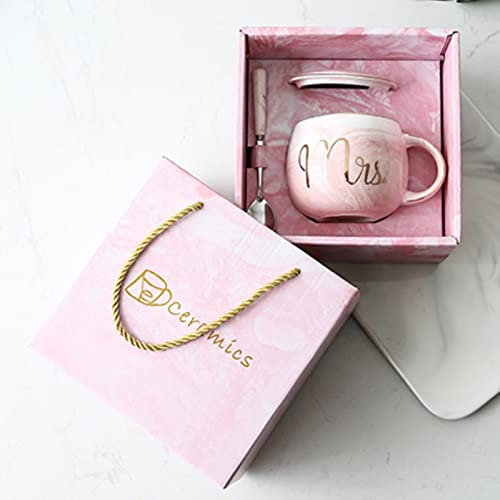 XKUN Mug Pink Gold Mr Mrs Ceramic Marble Coffee Mug Cup Wedding Bridal Couples Lover’S Gifts Mug Porcelain Milk Tea Breakfast Cup-Pink Mrs B Gift