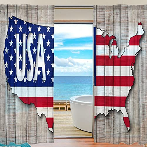 Durchsichtiger Voile-Vorhang Amerika-Karte, USA-Text auf Holz, halbdurchsichtig, Vorhangpaneele für Schlafzimmer, Wohnzimmer, Büro, Küche, Vorhänge, Tür, 2 Paneele, 140 x 198 cm