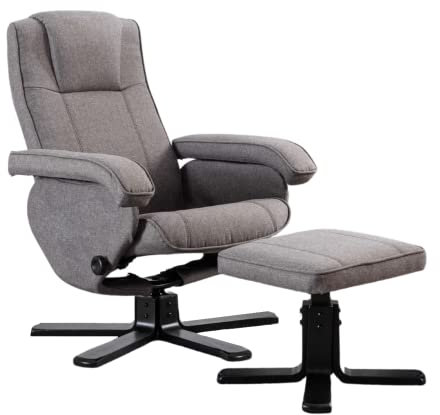 EVRE Armchair With Foot Stool & Reclining Functions Swivel Padded Faux Leather or Fabric (Silver, Fabric)