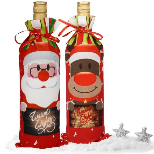 Christmas Wine Bottle Gift Bags, 2 Pcs, Red Wine Bottle Covers Bags, Dinner Table Festival Decoration