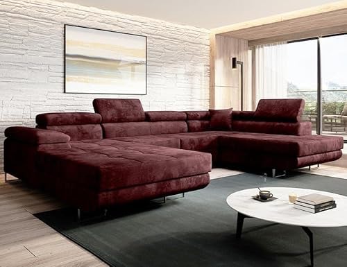 Moderno Ecksofa mit Schlaffunktion und Bettkasten VARBERG - Sofa mit Robusten Überzug - Schlafcouch U-Form - Modern Couch - 72x345x205 cm - Rechts Rotwein