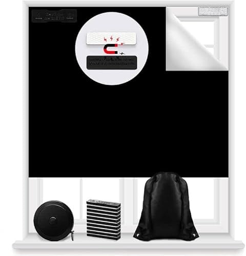 Magnetic Blackout Blinds 100% Blackout Shades Window Blackout Curtains for Any Windows | 300 x145cm | Cut to Any Size/Shape | 12X Magnetic Closure Fix on (Black)