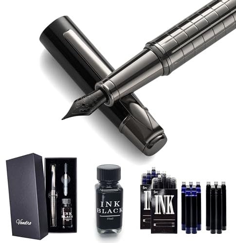 Vandro Luxury Fountain Pen Set - Stunning Black Metal Pen With Smooth Fine Nib - Professional Fountain Pens for Writing - Fancy Calligraphy Pens for Women & Men - Includes Pen Gift Box & Accessories