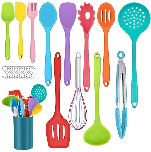 Küchenhelfer Set, Joyfair 25 Teiliges Silikon Küchenutensilien Kochbesteck Set, Antihaft Hitzebeständiger Kochutensilien Kochgeschirr mit Utensilienhalter & S-Haken, Spülmaschinenfest - Bunt