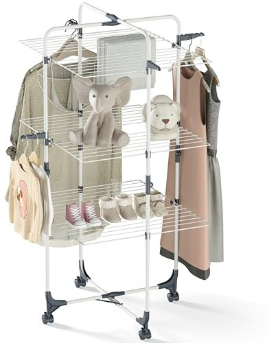 SYKIARIOL Tendedero Torre, Tendederos Plegables de 3 Pisos, Tendedero con Ruedas y 4 Ganchos, Tendedero Verticales con Mucho Espacio, Tendedero de balcón con 36 Barras, Blanco