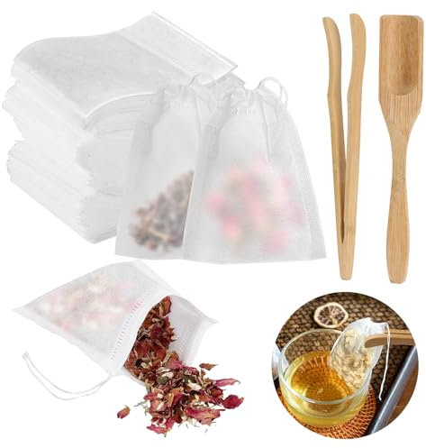 FIHODONE 200 Stück Teebeutel für Losen Tee Maisfasern,9x7cm Teebeutel zum Selbstbefüllen mit Holzlöffel Holzklammer,Teefilter für Losen Tee,Teefilter Papier mit Kordelzug,Tea Strainer