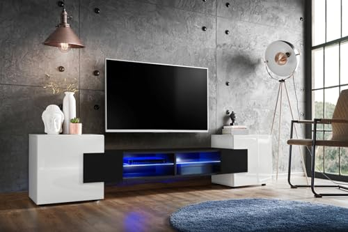 Komodee, Meuble Banc TV Merano, Blanc Noir Blanc, Largeur 230 cm x Hauteur 52,5 cm x Profondeur 35 cm, LED RGB, pour Salon, Chambre