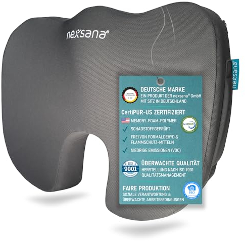 nexsana® Coussin orthopédique pour chaise, voiture et bureau, en cas d'hémorroïdes et de sciatique, pour soulager les fesses, le coccyx et la colonne vertébrale, mousse à mémoire de forme certifiée et