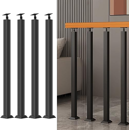 Postes De Balaustre De Escalera Cuadrados: Husillos De Barandilla De Metal Ajustables De 270° Con Base De Soporte Plano Y Kits De Tornillos; Los Postes De Hierro Negro Son Adecuados Para Terrazas
