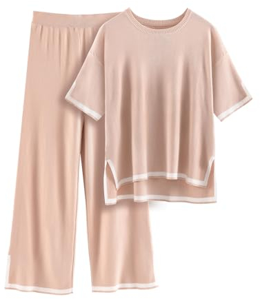 Tuopuda Completo Maglia e Pantalone Donna Lana Tuta da Ginnastica Completi Invernale Leggera Casual Maglione e Pantaloni Elastico in Vita, Rosa chiaro, M