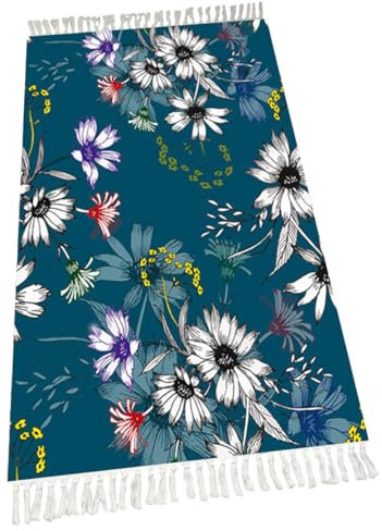 Terafeels Boho-Teppich 76150, maschinenwaschbar, für Eingangsbereich, Schlafzimmer, Nachttisch, Küche, Flur, Wohnzimmer, Waschküche, Innenmatte, weich, niedriger Flor, Blumenmuster, 60 x 150 cm, Cyan,