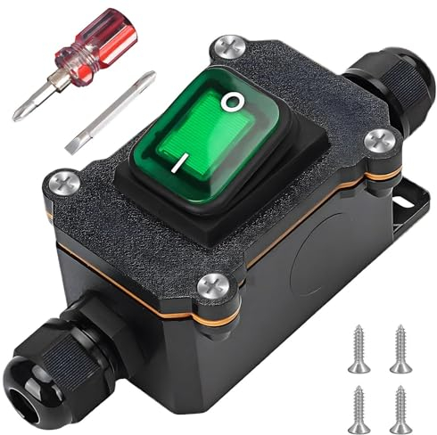 Wasserdichter Inline Schalter 12V DC 20A DPST 4 Polig, Acboor IP65 12v Schalter Kabelschalter Schnurschalter Ein und Aus Wippschalter Wasserdicht für Auf Beiden Seiten Ein und Ausgang - grüner Knopf
