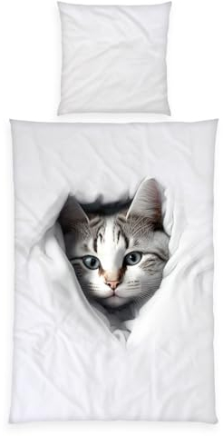 Herding Bettwäsche Katze, Young Collection, Kopfkissenbezug 80 x 80 cm mit Wende-Motiv, Bettbezug 135 x 200 cm, Mit Reißverschluss, 100% Baumwolle/Renforcé