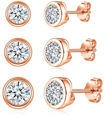 Josfeva Silver Stud Earrings for Women, 3 Pairs 925 Sterling Silver Round Studs Earrings Set, Rose Gold 4/5/6mm Zirconia Studs, Hypoallergenic Cartilage Sleeper Earrings Jewellery with Gift Box