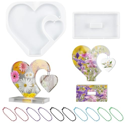 ADERTOS Silikon Form Herz 3D Herz Silikonform Herzform Epoxidharz Gießform Resin Harzform Ornamente Herzform Fotorahmen mit 10 Kleine Ketten für DIY Handwerk Basteln Haus Dekoration