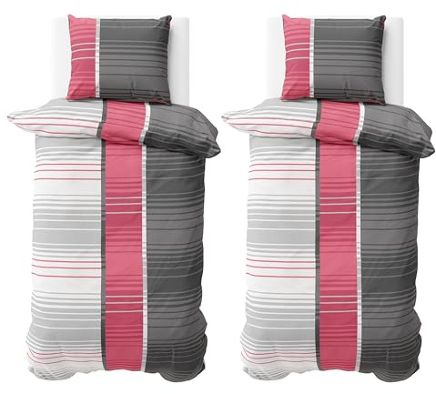 Visaggio 4 teilige Bettwäsche Set 135x200 cm Mikrofaser Bettbezug Rot Grau Gestreift Streifen Bezug