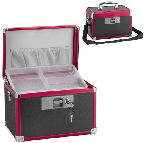 GODLONSEN Medicine Storage Box, 15''x 8.7''x 9.4'', Lockable Medicine Box, Portable Medication Box with Key Lock & Removable Tray, Lock Box for Medication, Snacks and Electronics, Black-Red, X-Large