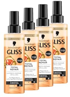 Gliss Kur Gliss Express-Repair-Spülung Total Repair (4x 200 ml), Haarspülung sorgt für sofortige Kämmbarkeit und Schutz vor Haarbruch, Pflegespülung mit Hitzeschutz bis zu 230 °C