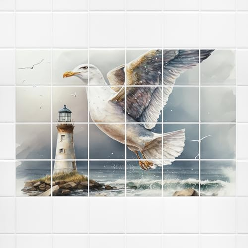 GRAZDesign Fliesenaufkleber Bad Möwe Leuchtturm maritim Fliesenbild selbstklebend Wandbild für Fliesen - 20x25cm / 81x51cm